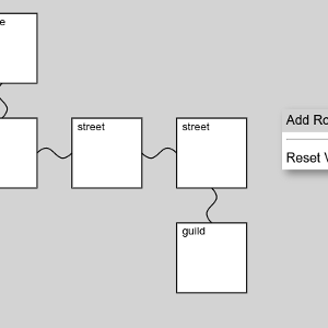 A gray field with a set of squiggle-connected white boxes. Each box has the name of a room: temple, street, guild. A drop-down menu shows the ability to add new rooms