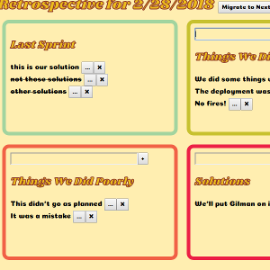 A retrospective board done in a retro 70s style, showing 4 sections: last sprint, things we did well, things we did poorly, solutions